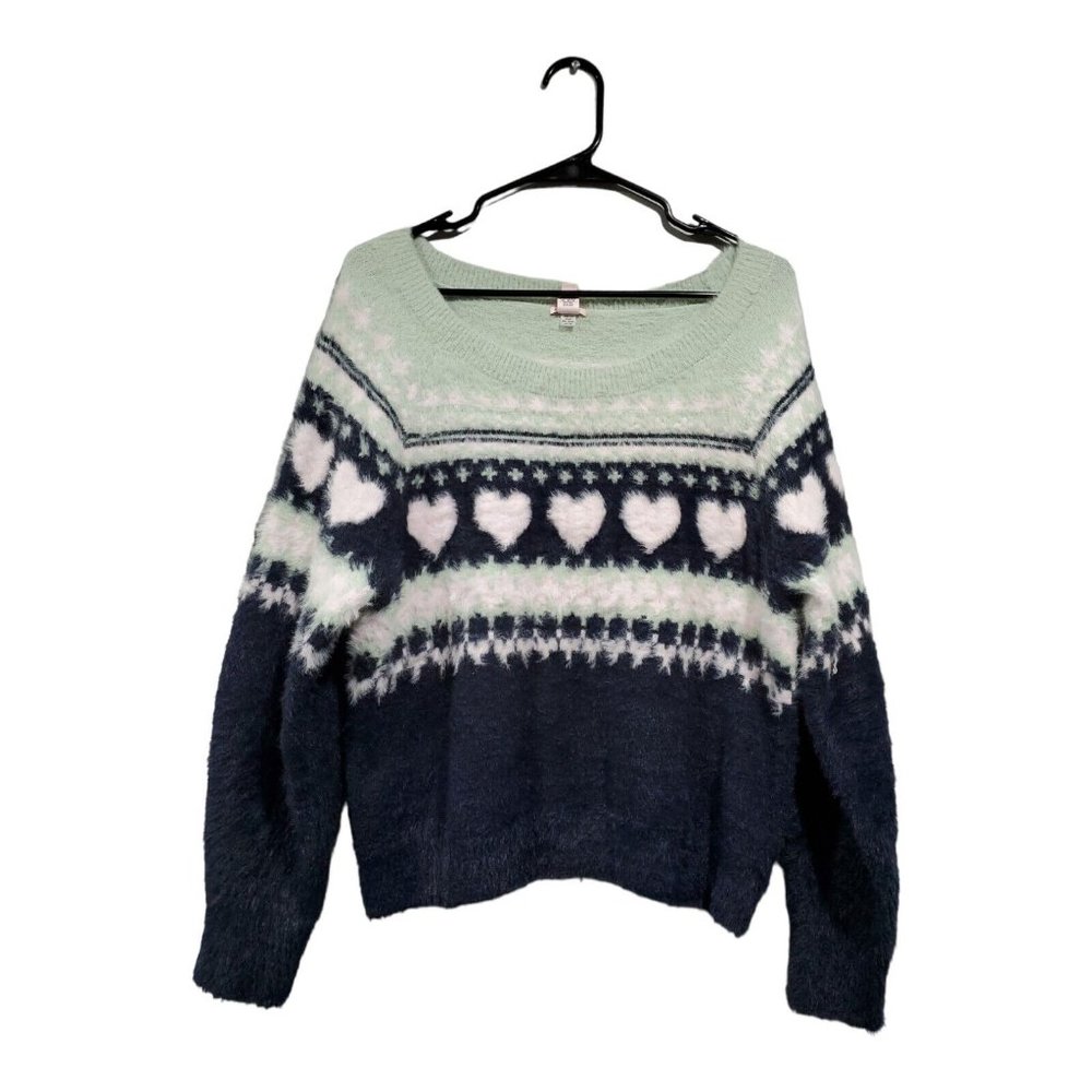 Victoria's Secret Women's Cropped Fuzzy Pullover Sweater Blue Mint Hearts Sz XL